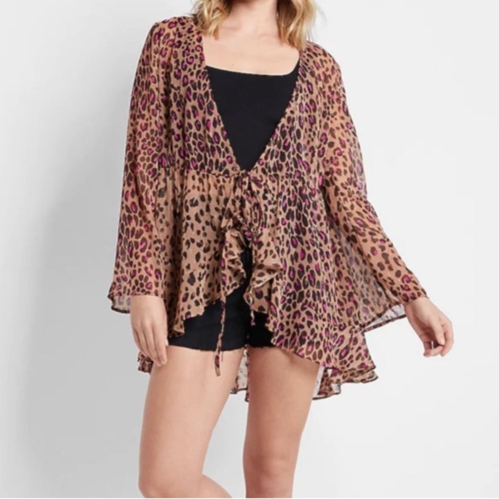 Express women's cheetah print ruffled long sleeve cover up S/M